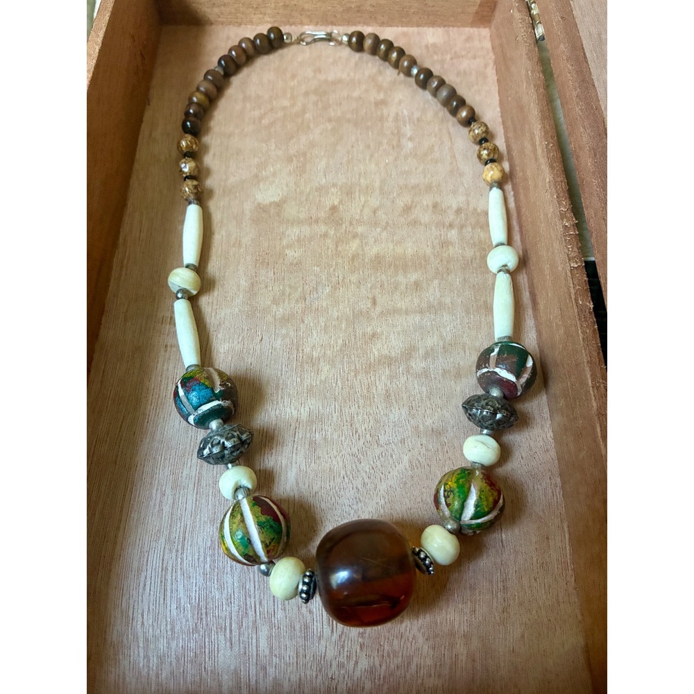Boho Tribal Statement Necklace Mixed Beads Painted Wood Amber Brown Chunky